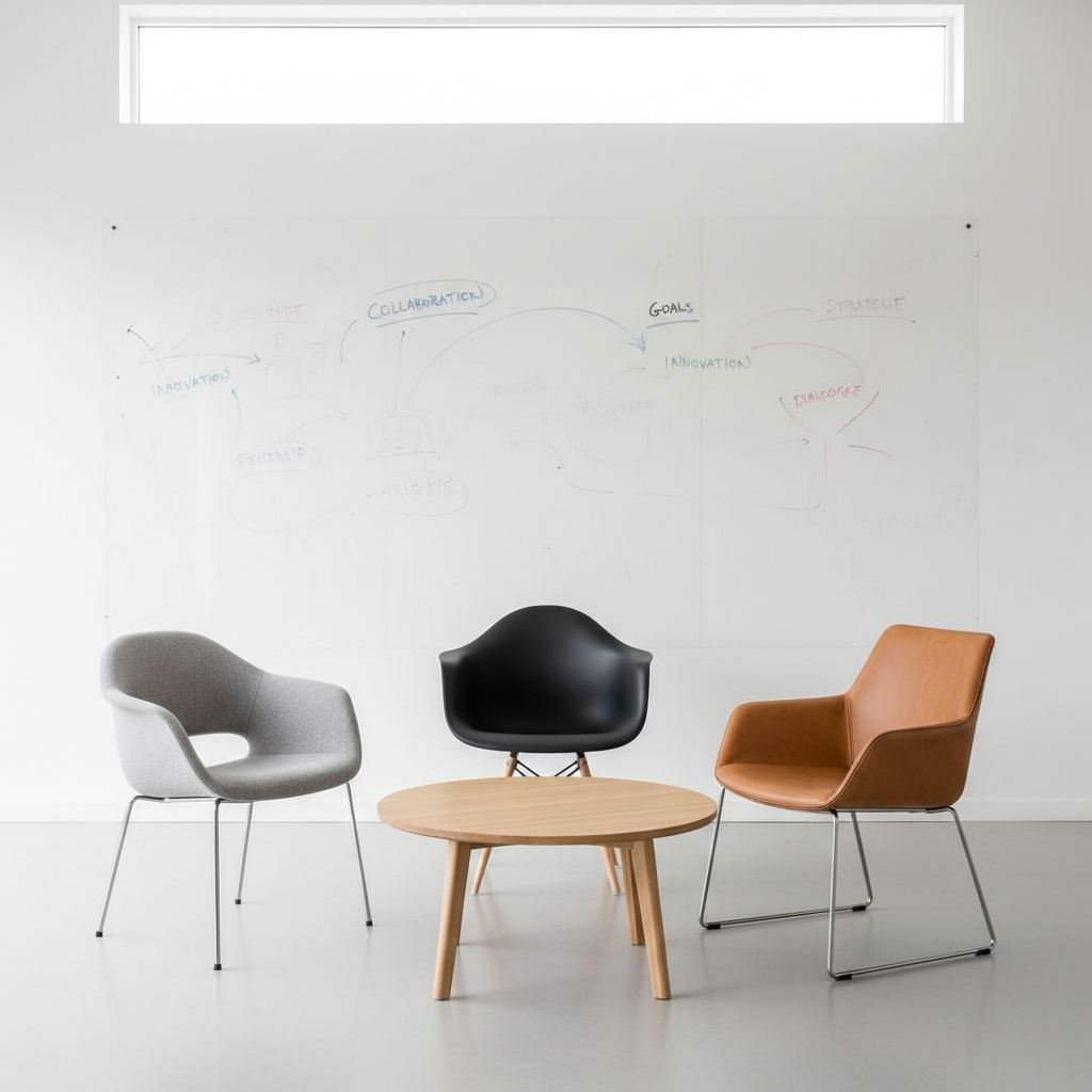 An arrangement of three different chairs encircling a low, round oak table, each chair in a distinct modern design and material—one in light gray felt, one in smooth tan leather, one in matte black molded plastic. They sit in a spacious, contemporary room with a neutral palette, a large whiteboard wall behind them filled with faint, blurred diagrams and keywords about collaboration and strategy. Soft, diffused daylight from a high window creates even, flattering illumination with gentle shadows beneath the furniture. Photographic realism, shot from a slightly elevated angle using the rule of thirds, emphasizes the empty yet inviting setup to symbolize team coaching, diversity of perspectives, and constructive dialogue without showing any people.